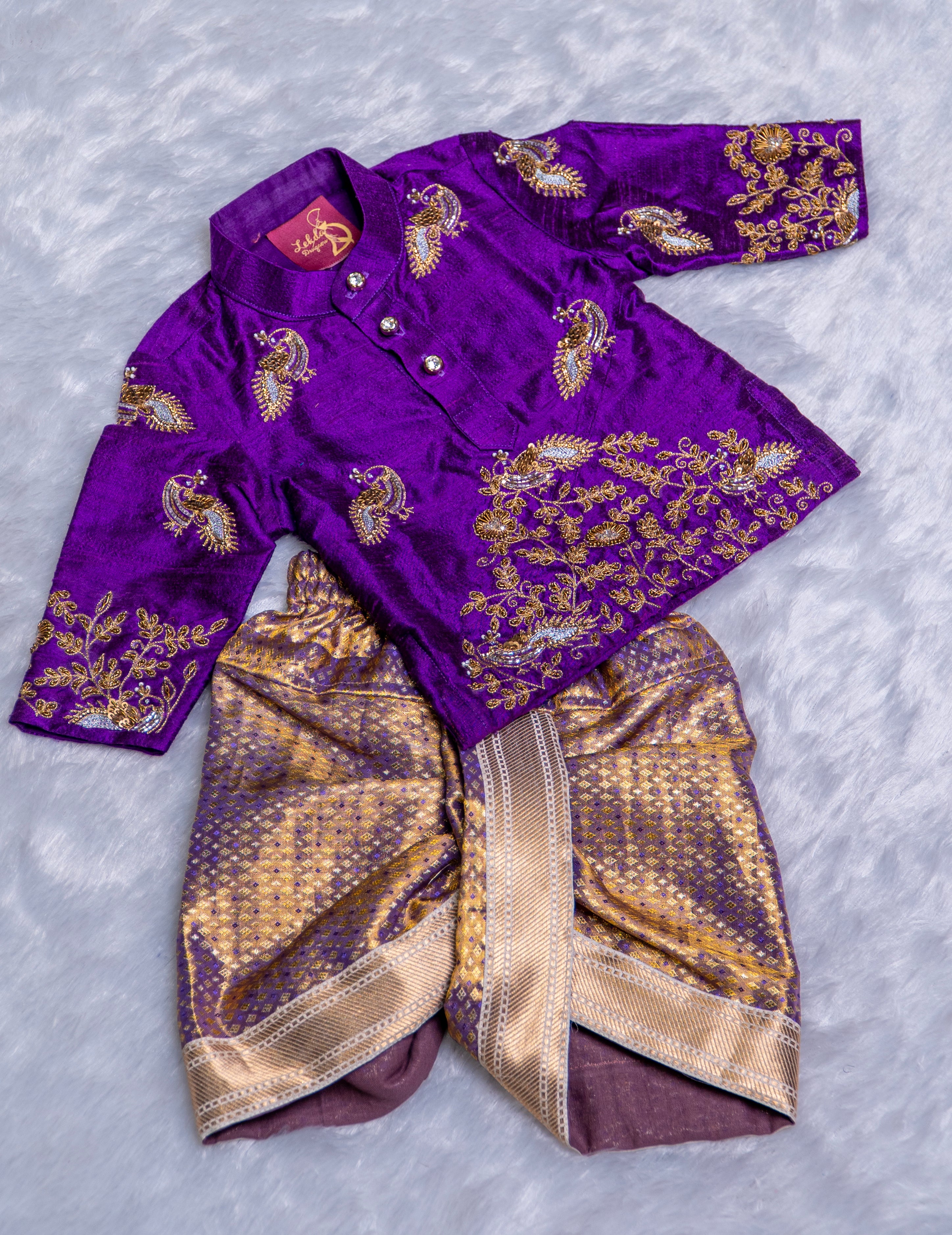 Purple Silk Maggam Kurta Dhoti Set