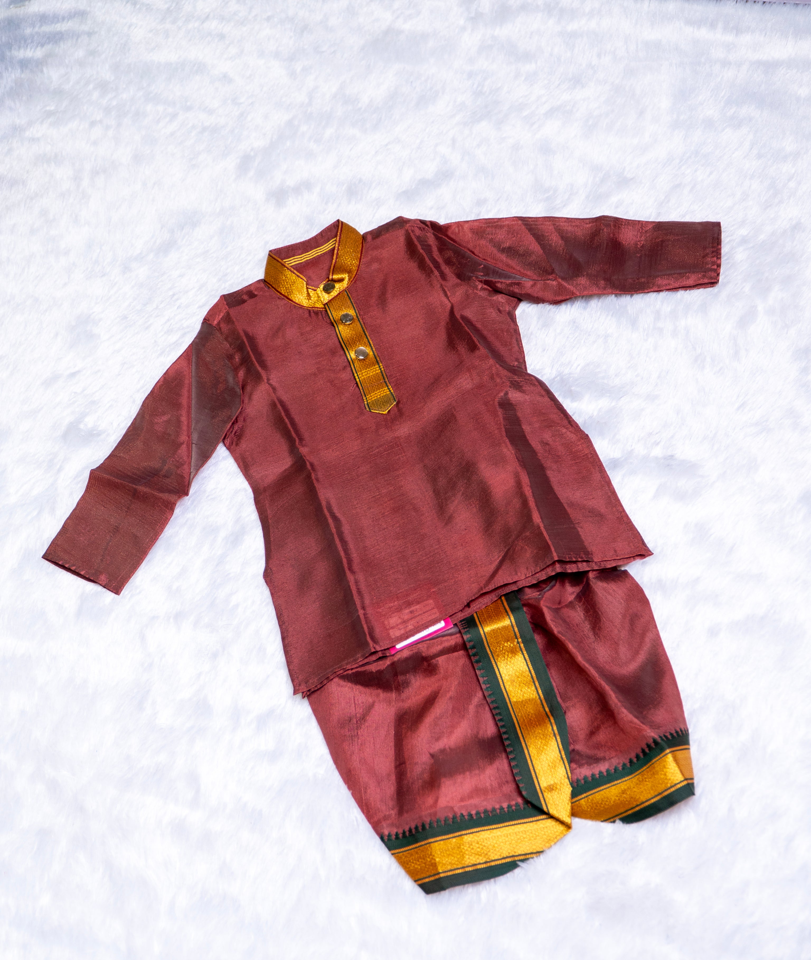 Maroon Pattu Dhoti Kurta Baby Set